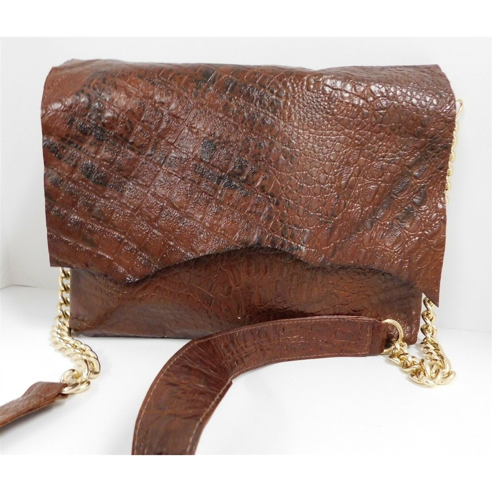Zina Eva Brown Alligator Leather Gold Chain‎ Flap Crossbody Bag - Picture 4 of 7